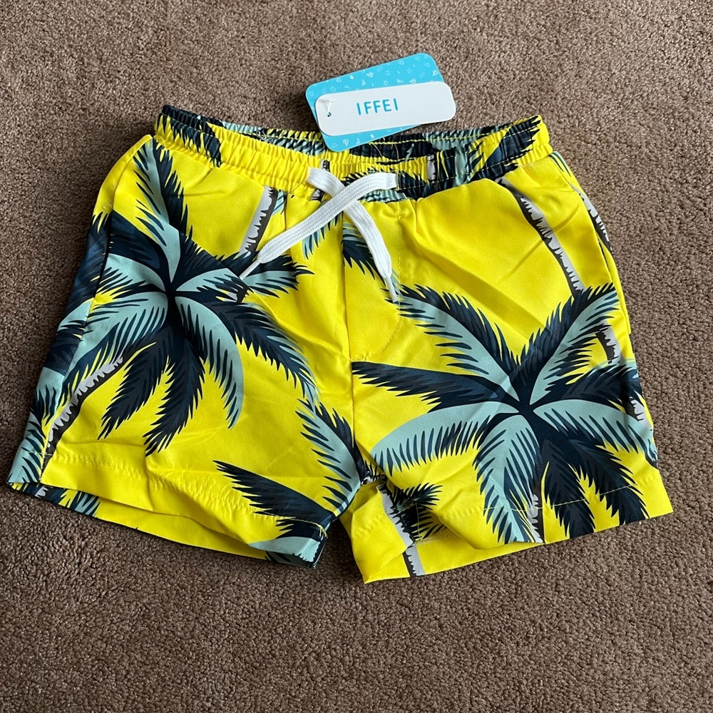 Boys Yellow Palm Tree Swim Trunks sz 3T-4T